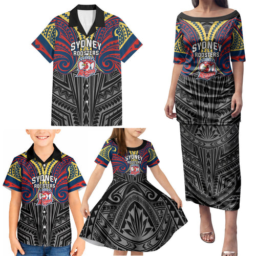Custom Sydney Roosters Family Matching Puletasi and Hawaiian Shirt Roosters Warrior Polynesia Islander Rugby Mascot