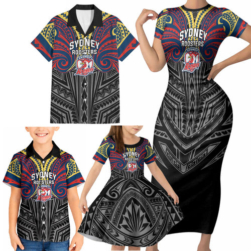 Custom Sydney Roosters Family Matching Short Sleeve Bodycon Dress and Hawaiian Shirt Roosters Warrior Polynesia Islander Rugby Mascot