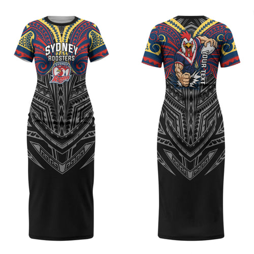 Custom Sydney Roosters Family Matching Short Sleeve Bodycon Dress and Hawaiian Shirt Roosters Warrior Polynesia Islander Rugby Mascot