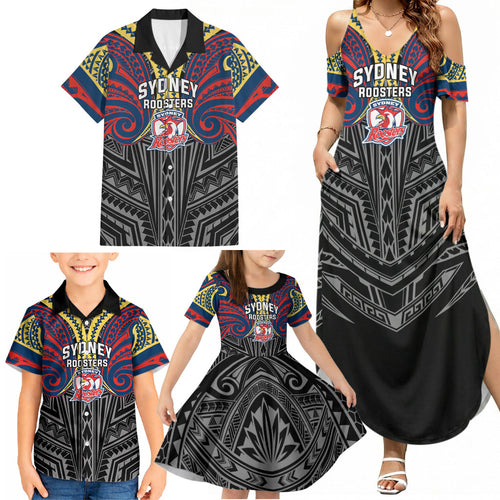 Custom Sydney Roosters Family Matching Summer Maxi Dress and Hawaiian Shirt Roosters Warrior Polynesia Islander Rugby Mascot