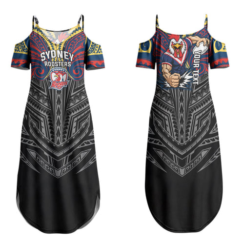 Custom Sydney Roosters Family Matching Summer Maxi Dress and Hawaiian Shirt Roosters Warrior Polynesia Islander Rugby Mascot