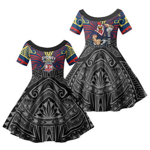 Custom Sydney Roosters Family Matching Summer Maxi Dress and Hawaiian Shirt Roosters Warrior Polynesia Islander Rugby Mascot