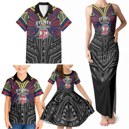 Custom Sydney Roosters Family Matching Tank Maxi Dress and Hawaiian Shirt Roosters Warrior Polynesia Islander Rugby Mascot