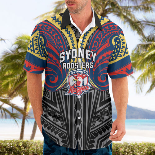 Custom Sydney Roosters Hawaiian Shirt Roosters Warrior Polynesia Islander Rugby Mascot