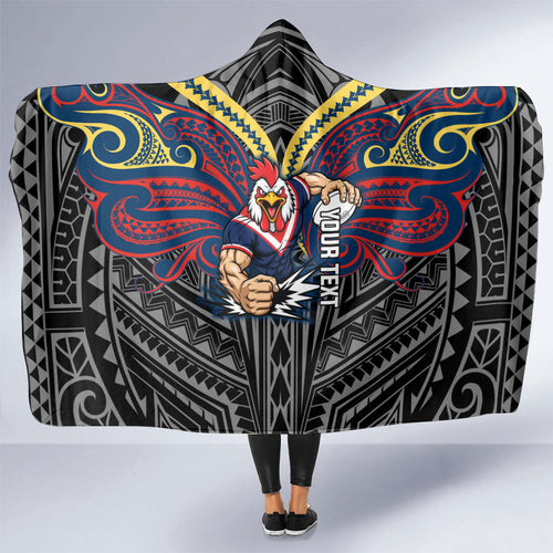 Custom Sydney Roosters Hooded Blanket Roosters Warrior Polynesia Islander Rugby Mascot