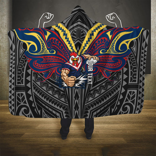Custom Sydney Roosters Hooded Blanket Roosters Warrior Polynesia Islander Rugby Mascot