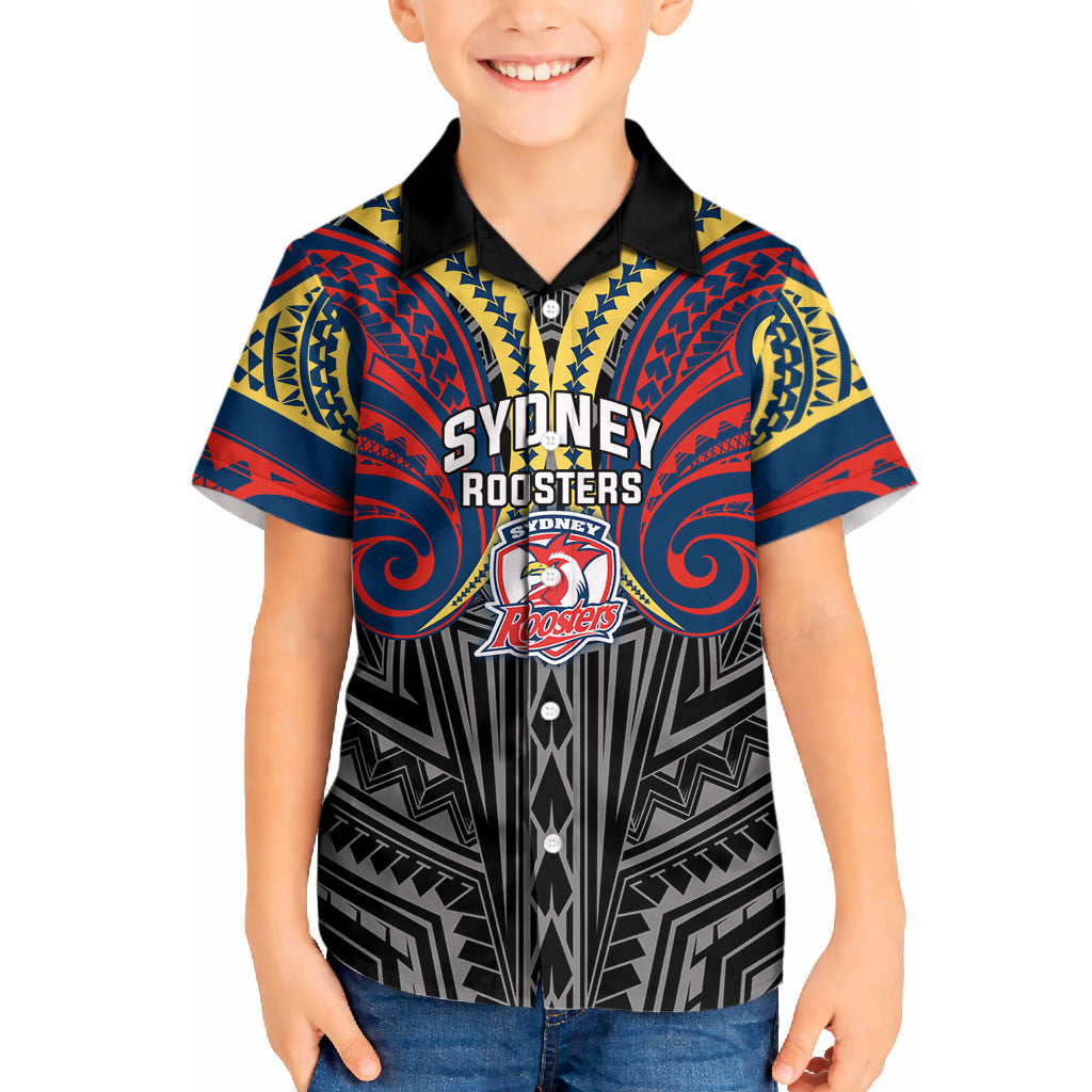 Custom Sydney Roosters Kid Hawaiian Shirt Roosters Warrior Polynesia Islander Rugby Mascot