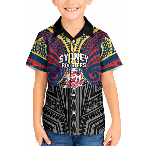Custom Sydney Roosters Kid Hawaiian Shirt Roosters Warrior Polynesia Islander Rugby Mascot