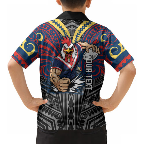 Custom Sydney Roosters Kid Hawaiian Shirt Roosters Warrior Polynesia Islander Rugby Mascot