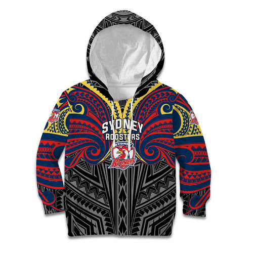 Custom Sydney Roosters Kid Hoodie Roosters Warrior Polynesia Islander Rugby Mascot