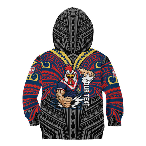 Custom Sydney Roosters Kid Hoodie Roosters Warrior Polynesia Islander Rugby Mascot