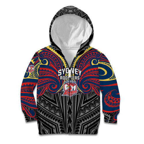 Custom Sydney Roosters Kid Hoodie Roosters Warrior Polynesia Islander Rugby Mascot