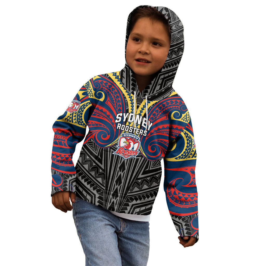 Custom Sydney Roosters Kid Hoodie Roosters Warrior Polynesia Islander Rugby Mascot