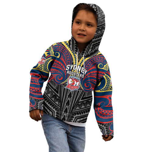 Custom Sydney Roosters Kid Hoodie Roosters Warrior Polynesia Islander Rugby Mascot