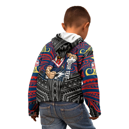 Custom Sydney Roosters Kid Hoodie Roosters Warrior Polynesia Islander Rugby Mascot