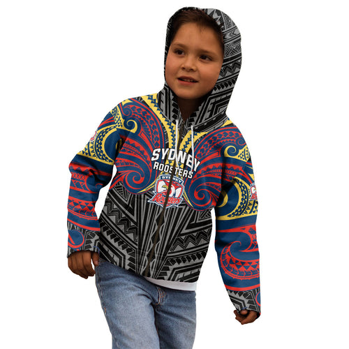 Custom Sydney Roosters Kid Hoodie Roosters Warrior Polynesia Islander Rugby Mascot