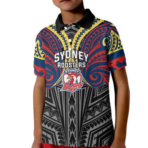 Custom Sydney Roosters Kid Polo Shirt Roosters Warrior Polynesia Islander Rugby Mascot