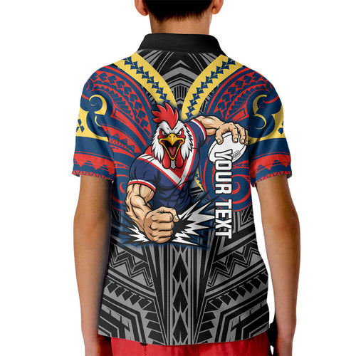 Custom Sydney Roosters Kid Polo Shirt Roosters Warrior Polynesia Islander Rugby Mascot
