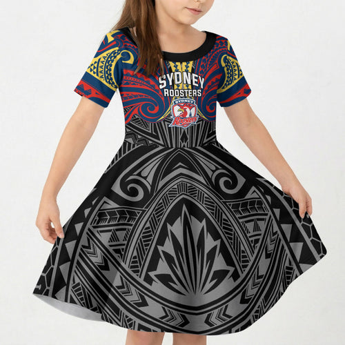 Custom Sydney Roosters Kid Short Sleeve Dress Roosters Warrior Polynesia Islander Rugby Mascot