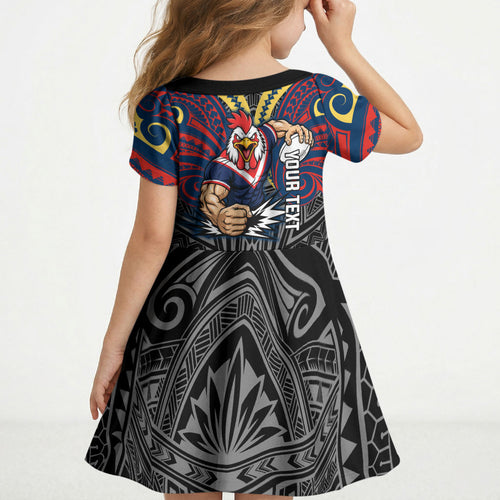Custom Sydney Roosters Kid Short Sleeve Dress Roosters Warrior Polynesia Islander Rugby Mascot