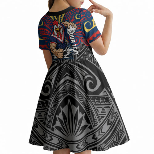 Custom Sydney Roosters Kid Short Sleeve Dress Roosters Warrior Polynesia Islander Rugby Mascot