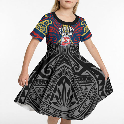 Custom Sydney Roosters Kid Short Sleeve Dress Roosters Warrior Polynesia Islander Rugby Mascot