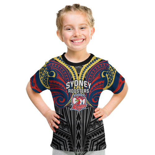 Custom Sydney Roosters Kid T Shirt Roosters Warrior Polynesia Islander Rugby Mascot