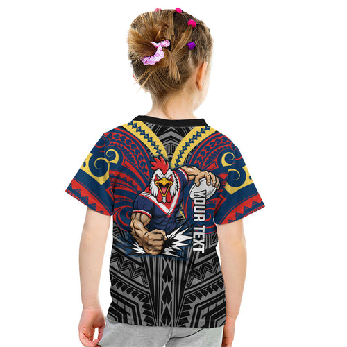 Custom Sydney Roosters Kid T Shirt Roosters Warrior Polynesia Islander Rugby Mascot