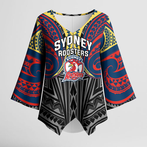 Custom Sydney Roosters Kimono Sleeve Blouse Roosters Warrior Polynesia Islander Rugby Mascot