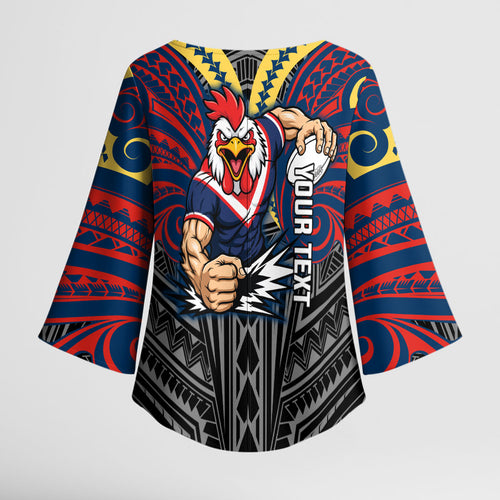 Custom Sydney Roosters Kimono Sleeve Blouse Roosters Warrior Polynesia Islander Rugby Mascot