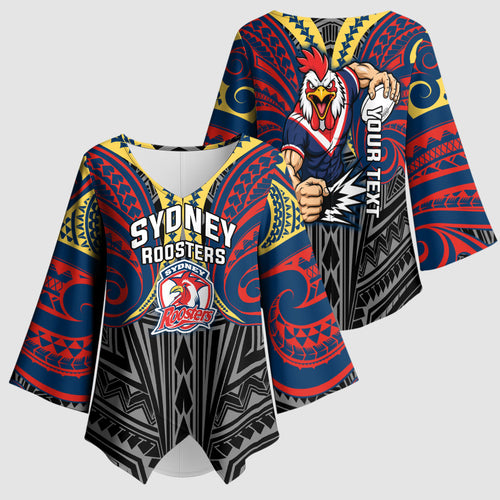 Custom Sydney Roosters Kimono Sleeve Blouse Roosters Warrior Polynesia Islander Rugby Mascot