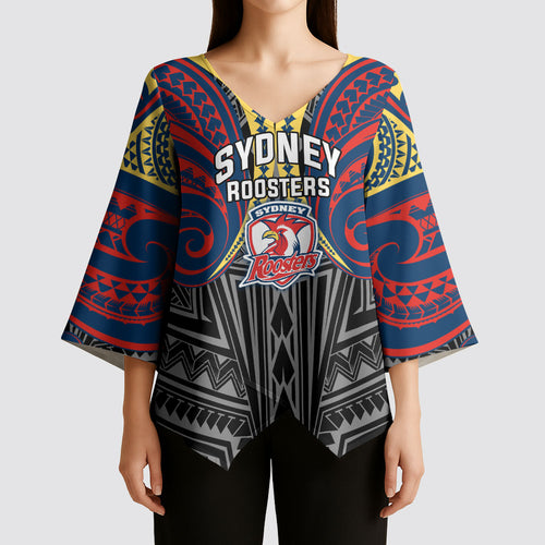 Custom Sydney Roosters Kimono Sleeve Blouse Roosters Warrior Polynesia Islander Rugby Mascot