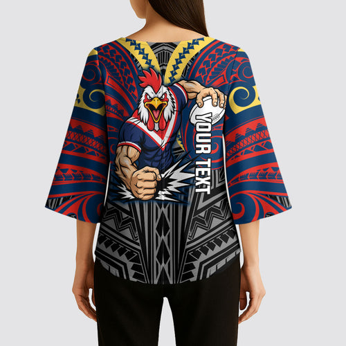 Custom Sydney Roosters Kimono Sleeve Blouse Roosters Warrior Polynesia Islander Rugby Mascot