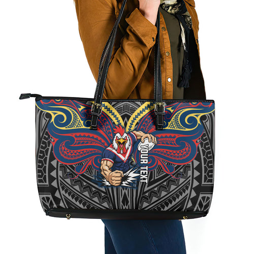 Custom Sydney Roosters Leather Tote Bag Roosters Warrior Polynesia Islander Rugby Mascot