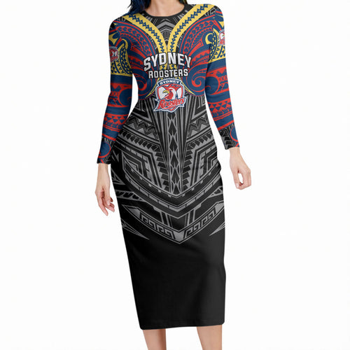 Custom Sydney Roosters Long Sleeve Bodycon Dress Roosters Warrior Polynesia Islander Rugby Mascot