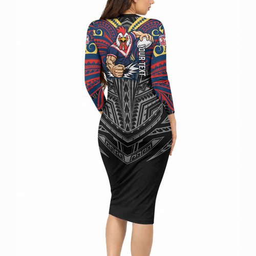 Custom Sydney Roosters Long Sleeve Bodycon Dress Roosters Warrior Polynesia Islander Rugby Mascot