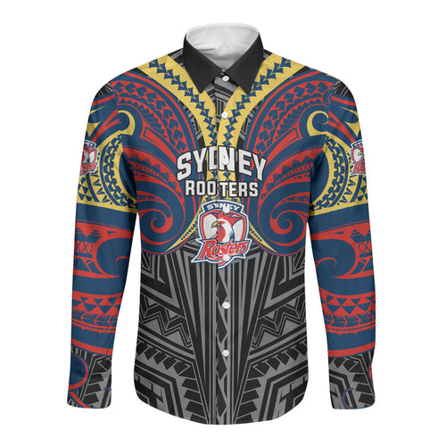 Custom Sydney Roosters Long Sleeve Button Shirt Roosters Warrior Polynesia Islander Rugby Mascot