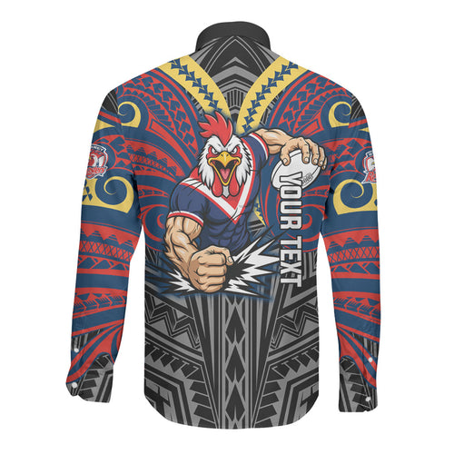 Custom Sydney Roosters Long Sleeve Button Shirt Roosters Warrior Polynesia Islander Rugby Mascot