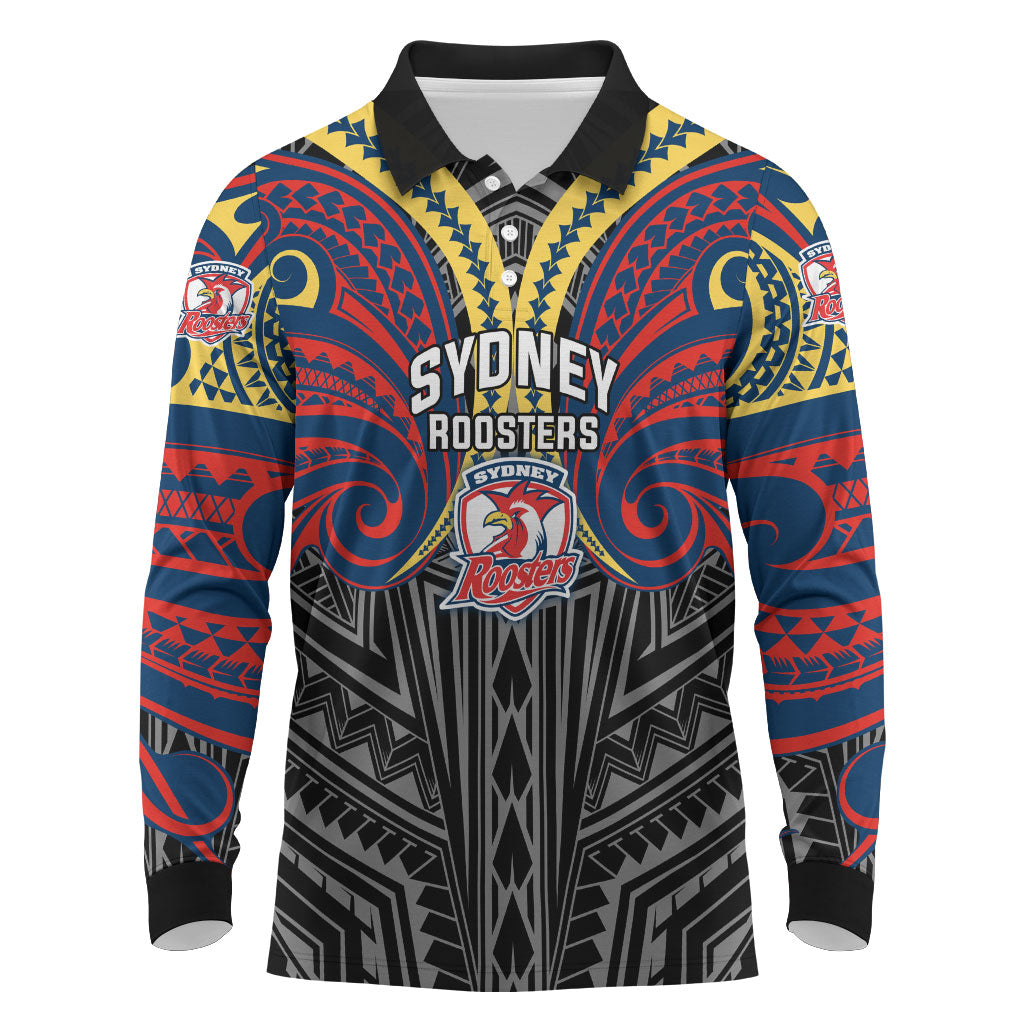 Custom Sydney Roosters Long Sleeve Polo Shirt Roosters Warrior Polynesia Islander Rugby Mascot