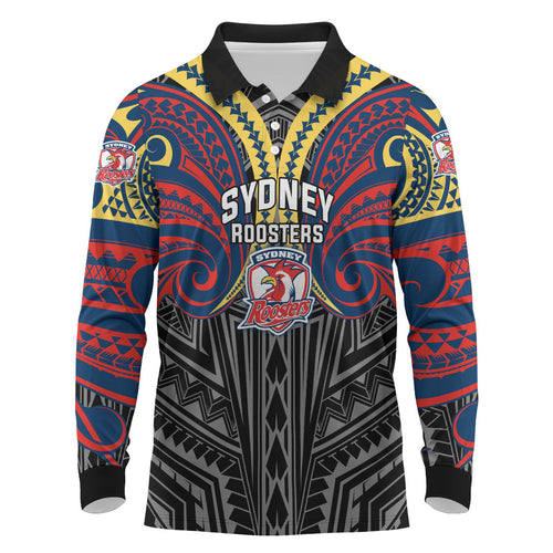 Custom Sydney Roosters Long Sleeve Polo Shirt Roosters Warrior Polynesia Islander Rugby Mascot