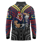 Custom Sydney Roosters Long Sleeve Polo Shirt Roosters Warrior Polynesia Islander Rugby Mascot