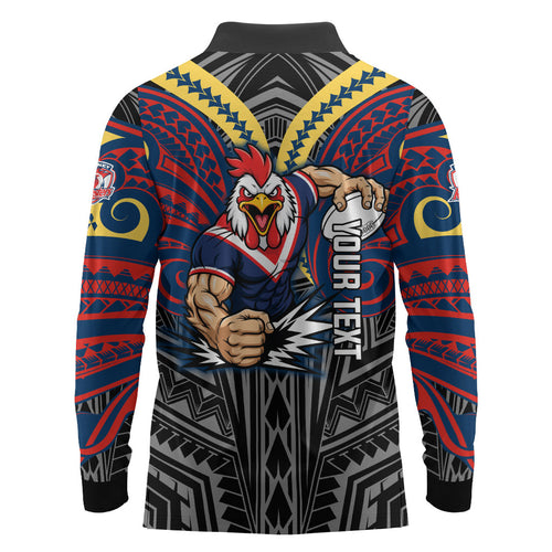 Custom Sydney Roosters Long Sleeve Polo Shirt Roosters Warrior Polynesia Islander Rugby Mascot