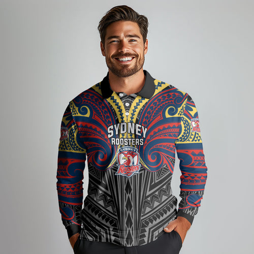 Custom Sydney Roosters Long Sleeve Polo Shirt Roosters Warrior Polynesia Islander Rugby Mascot