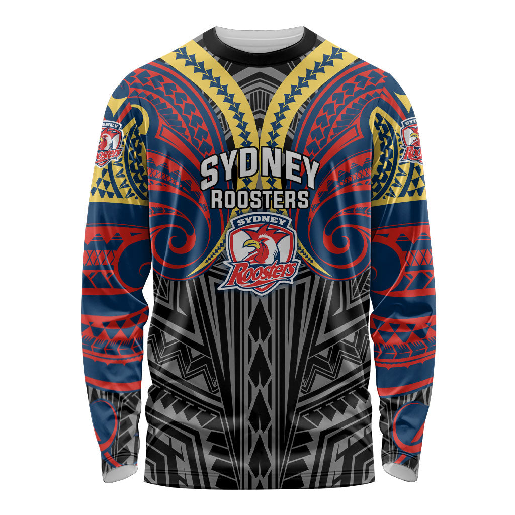 Custom Sydney Roosters Long Sleeve Shirt Roosters Warrior Polynesia Islander Rugby Mascot