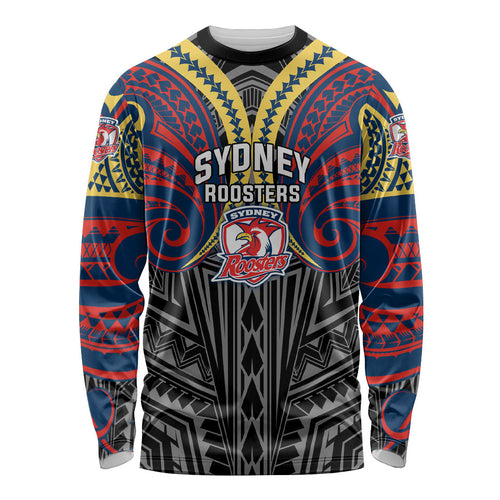 Custom Sydney Roosters Long Sleeve Shirt Roosters Warrior Polynesia Islander Rugby Mascot