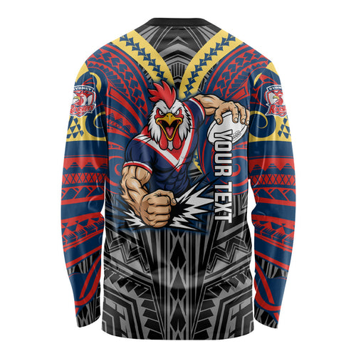 Custom Sydney Roosters Long Sleeve Shirt Roosters Warrior Polynesia Islander Rugby Mascot