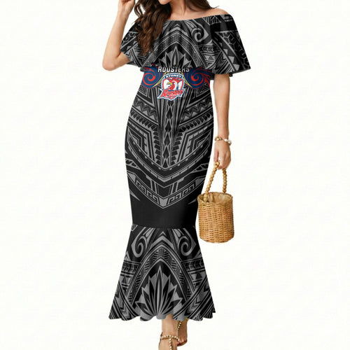 Custom Sydney Roosters Mermaid Dress Roosters Warrior Polynesia Islander Rugby Mascot