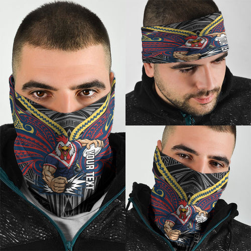 Custom Sydney Roosters Neck Gaiter Roosters Warrior Polynesia Islander Rugby Mascot