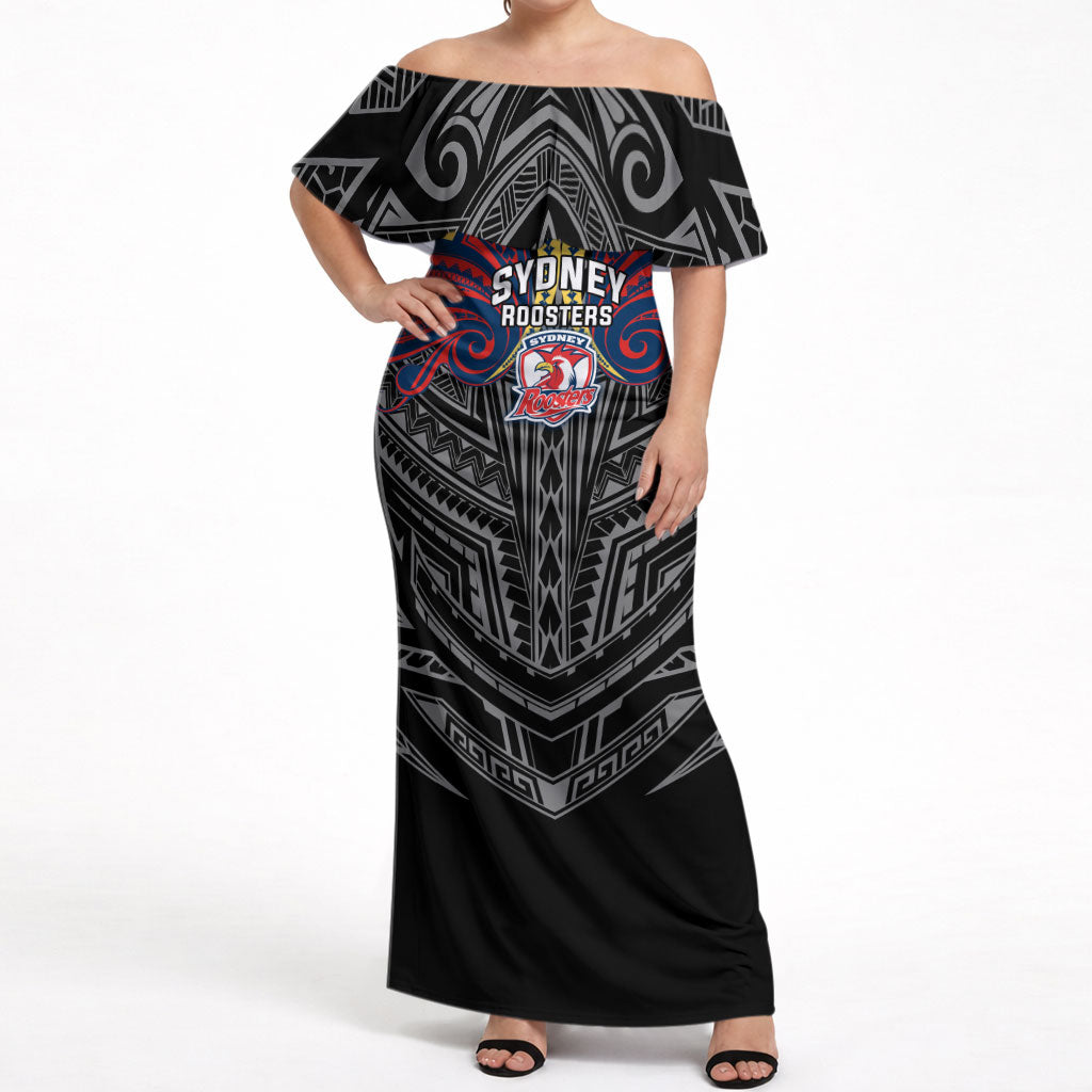 Custom Sydney Roosters Off Shoulder Maxi Dress Roosters Warrior Polynesia Islander Rugby Mascot
