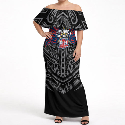 Custom Sydney Roosters Off Shoulder Maxi Dress Roosters Warrior Polynesia Islander Rugby Mascot